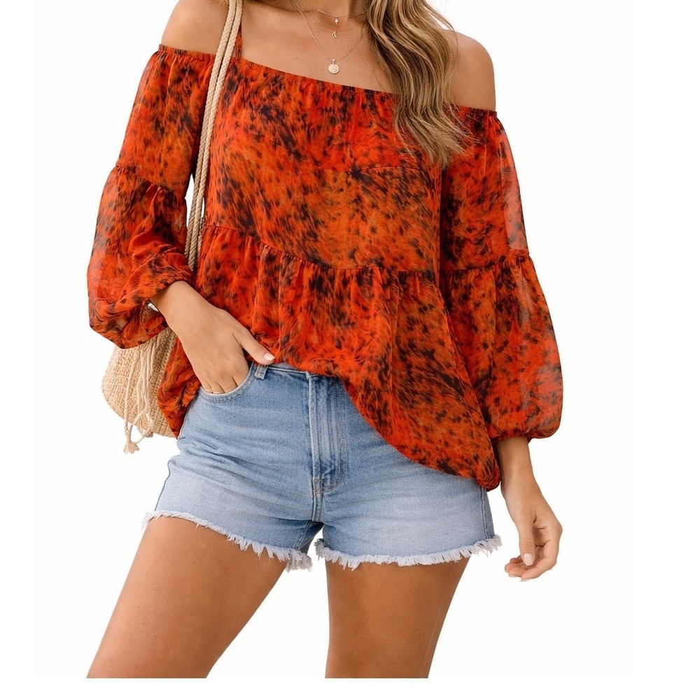 Colors of India Red‎ Black Abstract Print Tiered Sheer Blouse Balloon Sleeve OS